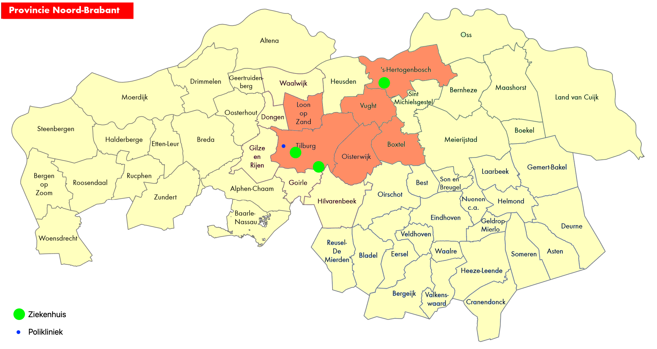 Ziekenhuizen in de set van gemeentes in Noord-Brabant